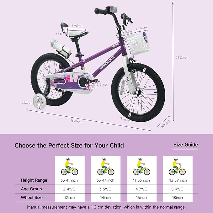 WinHope Kids Bike, 12-18 Inch Toddler Bicycle with Removable Training Wheels and Dual Brakes, Children Bike for Beginner with Adjustable Seat and Headlebar for 2-9 Years Boys Girls, Multiple Colors