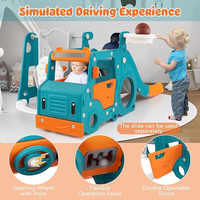 Costzon 6 in 1 Toddler Slide and Swing Set, Mini Bus Indoor Outdoor Baby Swing with Basketball Hoop, Crawling Tunnel, Kids Climber Playset for Boys and Girls Backyard Playground Gifts Presents