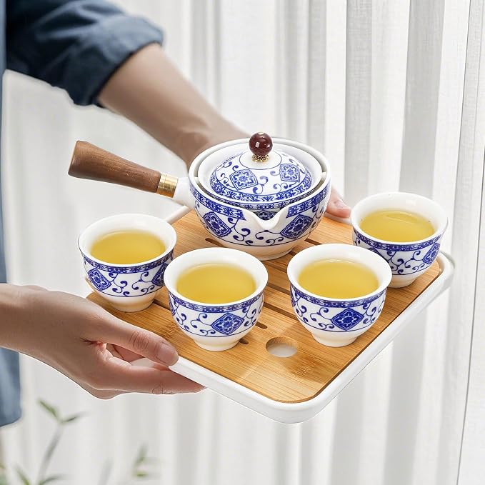 Peohud Chinese Gongfu Tea Set, Portable Porcelain Teapot Set with 360 Rotation Tea maker and Infuser, Teacups, Tea Tray, All in One Bag for Travel, Office, Outdoor, Gift
