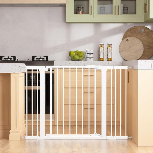 keny 29.7"-46" Baby Gate for Stairs, Auto Close Dog Gates for Doorways | Pressured Mounted No Drilling Pet Gate Extra Wide, Easy Walk Thru Stair Gate, 30" Tall, White