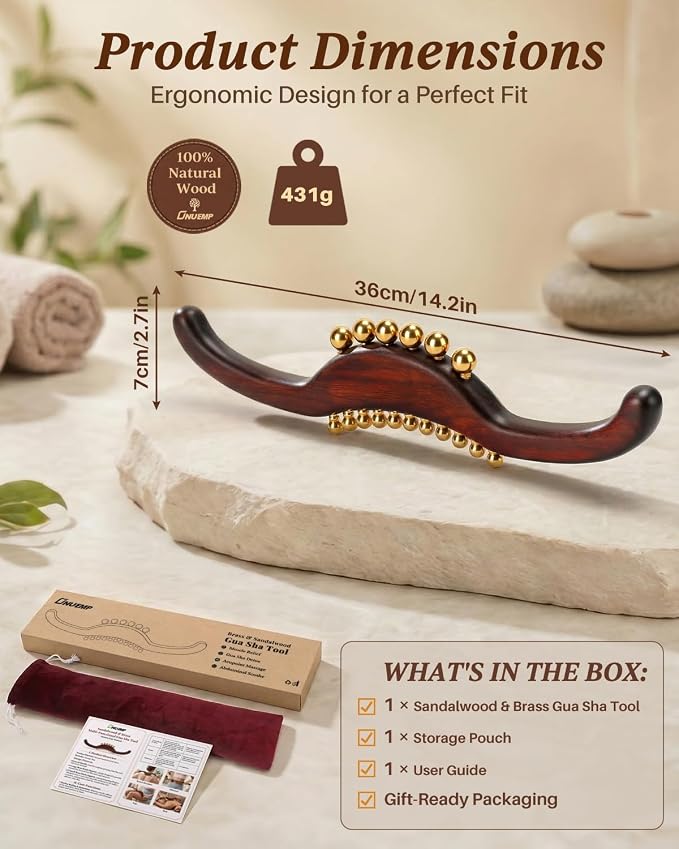ONUEMP Sandalwood Gua Sha Muscle Scraper Tool with 17 Brass Beads, Wood Therapy Massage Tools Maderoterapia Kit for Lymphatic Drainage Body Sculpting, Deep Tissue Cellulite Massager Fascial Release