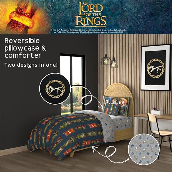 The Lord of the Rings: The War of the Rohirrim 5 Piece Super Soft Cozy Reversible Comforter and Sheet Set with Sham, Twin, (Officially Licensed Product) By Franco