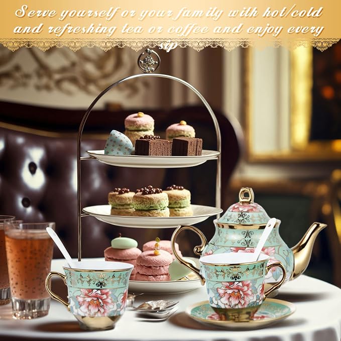 Zhehao 20 Pcs Porcelain Tea Set with Metal Holder and Spoon Adult Ceramic Tea Set European Flower Painting Teapot Cup Saucer Spoon for Women Mom Gift, Large Version (Fresh Style)