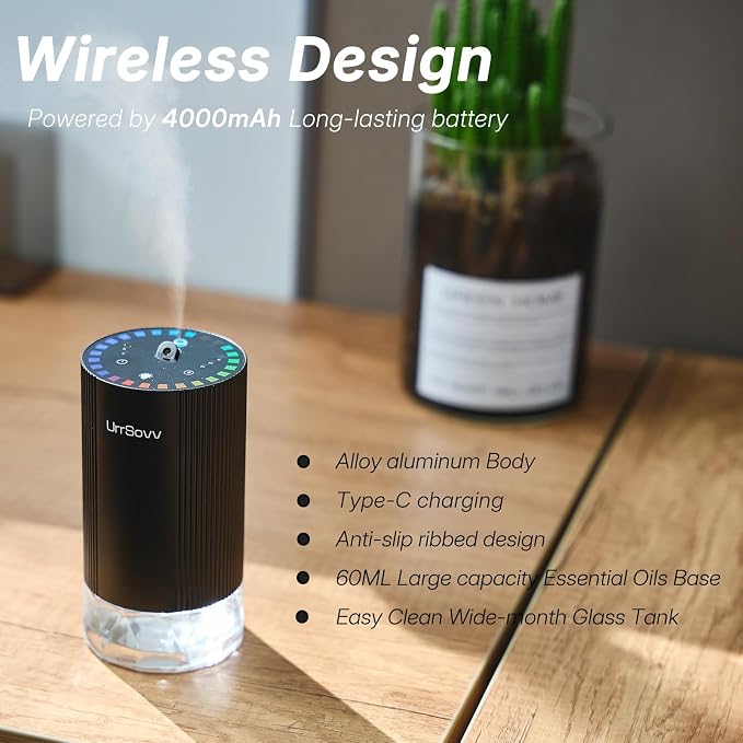 UrrSovv Waterless Car Essential Oil Diffuser Battery Operated (Black) | Waterless Aluminum Alloy 4000mAh Long Lasting Battery Operated Essential Oil Diffuser for Car Home Office