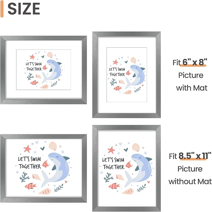 upsimples 8.5 By 11 Picture Frame, Display Pictures 6x8 with Mat or 8.5 x 11 Without, Wall Hanging Photo Frames, Metallic Gray, 1 Pack