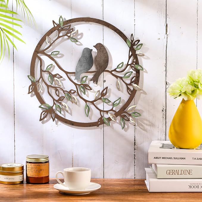 Ferraycle Metal Wall Art Bird on Tree Branch Silhouette Bird Hanging Ornament Porch Wall Decor for Living Room Outdoor Garden Bedroom Office Housewarming Party Decoration(Dark Color)