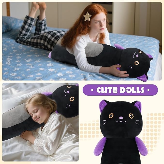 22” Long Cat Plush Body Pillow, Cute Black Cat Stuffed Animals, Lucky Kitty Squishy Soft Plushies Toy, Gifts for Kids Girls and Boys, Birthdays ﻿Easter