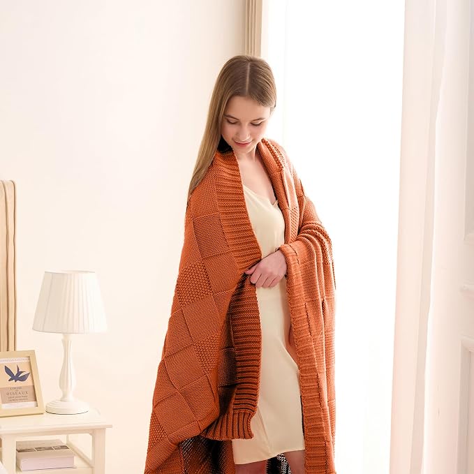 CozeCube Rust Orange Knitted Checkered Throw Blanket 60"X80" | Check Knit Throw for Couch, Decorative Christmas Soft Cozy Warm Blanket for Bed Sofa Living Room