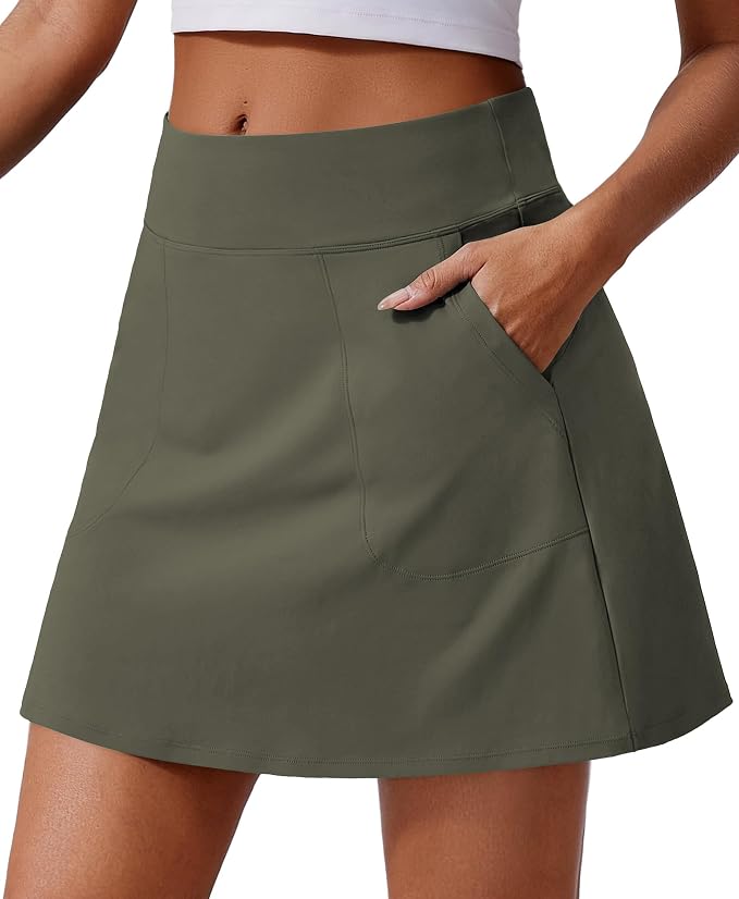 PINSPARK 17" Golf Skorts for Woman High Waisted Tennis Skirt with 4 Pockets | Lightweight, Quick Dry, 4-Way Strecth, Breathable, Tummy Control, UPF 50+ Athletic Skort for Workout, Pickleball, Gym, Casual