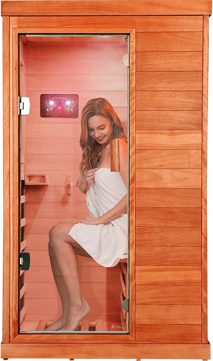 OUTEXER Far Infrared Sauna Home Sauna Spa Room Low-EMF Wood 1200W Indoor Saunas with 7 Color Light Tempered Glass Door, Room:35.2 * 27.6 * 61.6Inch