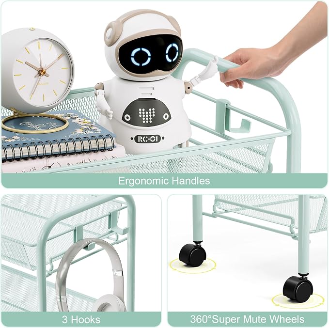 TOOLF 3 Tier Rolling Cart, Metal Utility Storage Cart with Wheels, Green | 3 Hooks, Screwless Assembly, Trolley Organizer for Bathroom, Kitchen, Office, Nursery, Dorm, Laundry Room