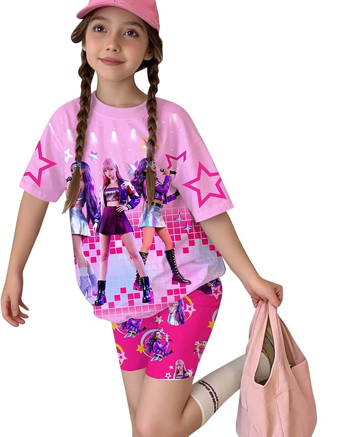 K-POP DEM0N Hunters Outfits for Girls, 2 Piece T-Shirts and Apparel Sets Birthday Gift