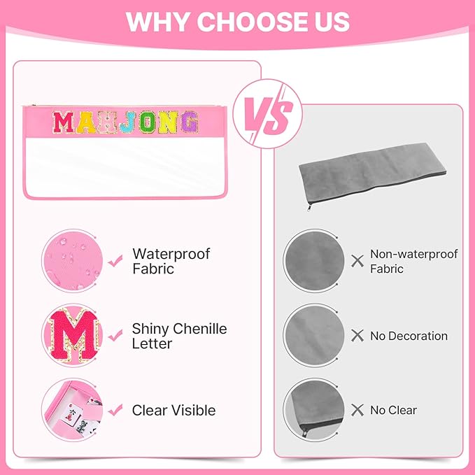 eurovicky Clear Waterproof Mahjong Bag, Empty Mahjong Tile Bag with Zipper Mahjong Case for American Mahjong Set, Case Only (Sweet Pink)