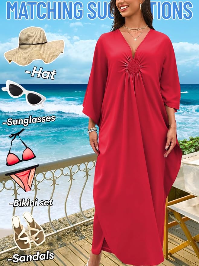 ChiaoLezhee Print Moo-Moos for Women, Kaftan Cover-Up Dresses, Sexy V-Neck High-Slit, Beach Pool-Party Coverups Muumuu Plus