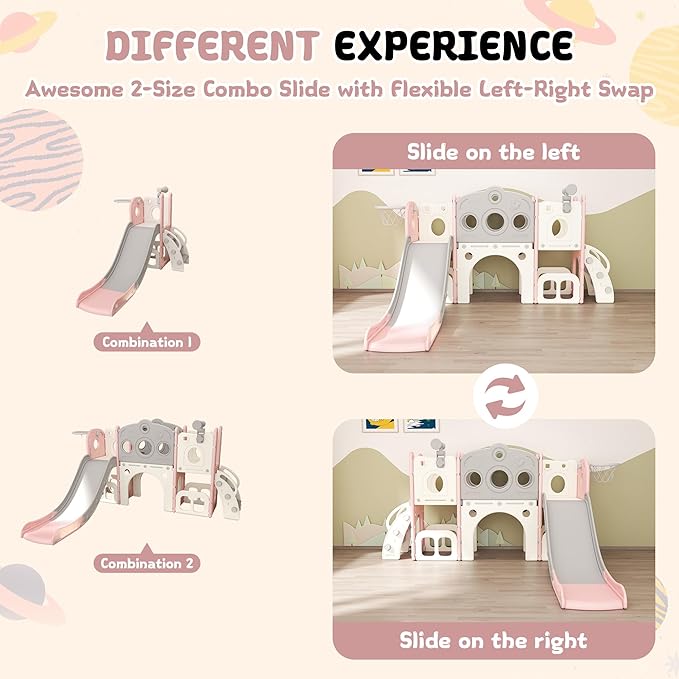 GITAWUSA 8 in 1 Toddler Slide, Outdoor Indoor Playset for Kids Baby Age 1 2 3, Childs Climber Slide with Storage Space and Non-Slip Steps, Basketball Hoopa and Telescope, Pink & White