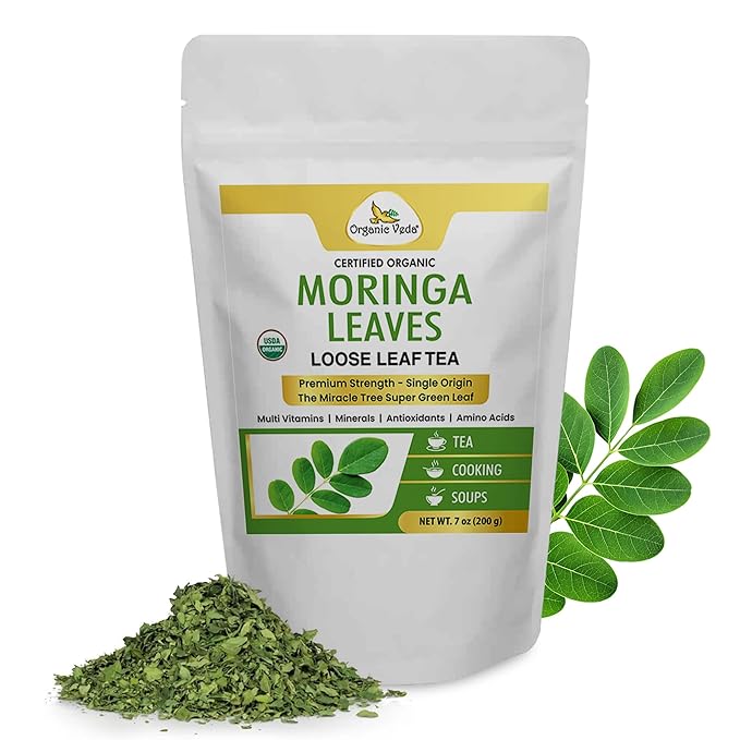 Organic Veda Moringa Tea Leaves - True Green Rich, Premium Single Origin,100% Organic Moringa Oleifera Loose Leaf Tea, Baking, Soup Powder, Caffeine-Free, Vegan, Non-GMO- 7oz