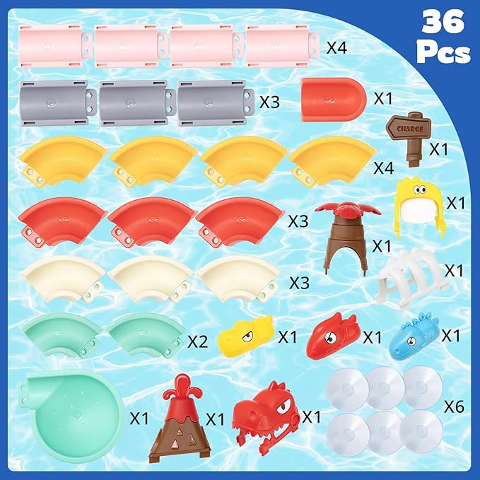 Dinosaur Slide Toys, Toddler Bath Toys for Kids Ages 4-8, DIY Building Kit for Ages 5-7, Bathtub Time Birthday Gifts for Toddler 3 + Year Old (36 PCS)