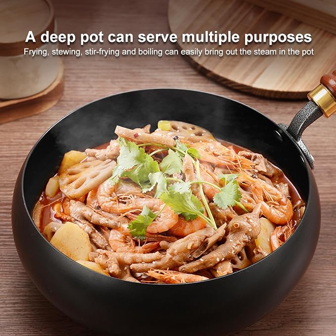 Carbon Steel Wok Pan, 9.4 INCH Nonstick Pre-Seasoned Woks & Stir-Fry Pans with Lid, No Chemical Coating Wok Flat Bottom Small Handmade Chinese Wok for Induction, Gas, Electric & All Stoves