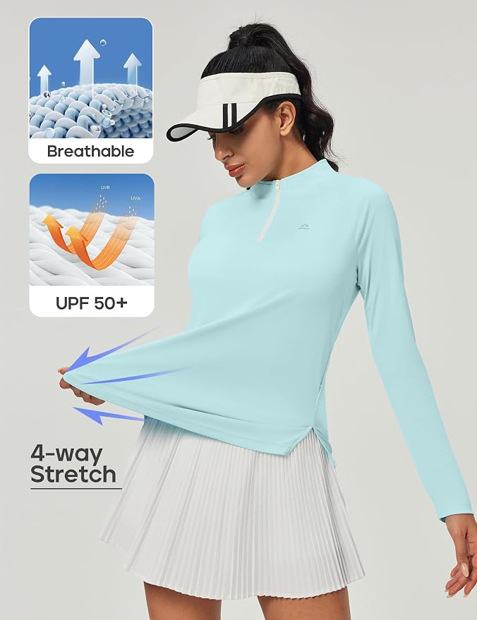 Heathyoga Long Sleeve Workout Tops for Women Golf Shirt UPF 50+ Swim Shirts for Woman UV Sun Protection Quarter Zip Pullover