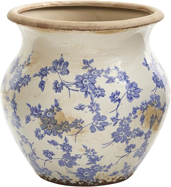 Nearly Natural 10.5in. Tuscan Ceramic Blue Scroll Urn Vase, Green | Vintage Floral-Print Planter, Premium Durable Construction, Elegant Country-Chic Presentation, Ideal for Tabletop Displays