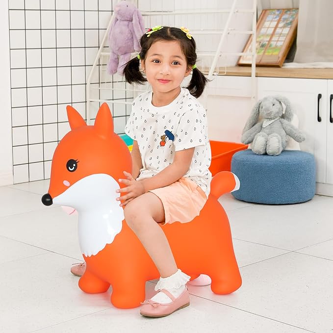 INPANY Fox Bouncy Horse Hopper Toys, Toddlers Bounce Zoo Animal Toys, Inflatable Hopping Horse Buddies, Ride on Rubber Bouncer, Outdoor Indoor Baby Birthday Gifts Toy for 2 3 4 Year Old Girls Boys