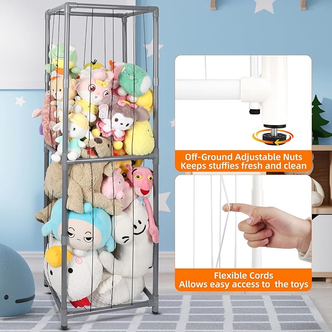 Stuffed Animal Storage Zoo Stuffed Animal Holder,Off-Ground and Space Save Vertical Stuffed Animals Organizer PVC with Elastic for Bedroom Playroom Nursery (Greyish Black, Large)