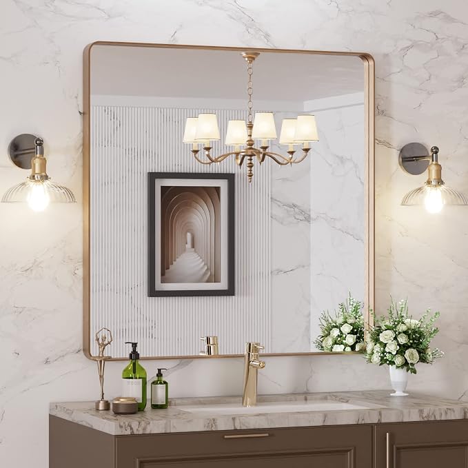 LOAAO 36"X36" Gold Bathroom Mirror | Rounded Rectangle, Brushed Gold Frame, Wall-Mounted, Anti-Rust, Tempered Glass, Hangs Horizontally or Vertically