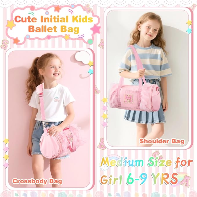 Personalized Initial Dance Bag for Girls 6-9, Medium Lace Gym Sport Yoga Cheer Dance Bags Gift for Teen Girls, Cute Letter Kids Ballet Bag Toddler Travel Duffel Tote with Adjustable Straps(Pink-M)