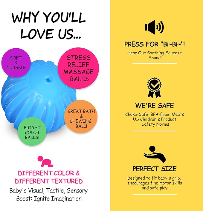 Baby Textured Multi Sensory Toys Massage Ball Gift Set BPA Free for Toddlers 1-3 Soft Balls Montessori Infant Baby Toys 6 to 12 Months 6 Pack