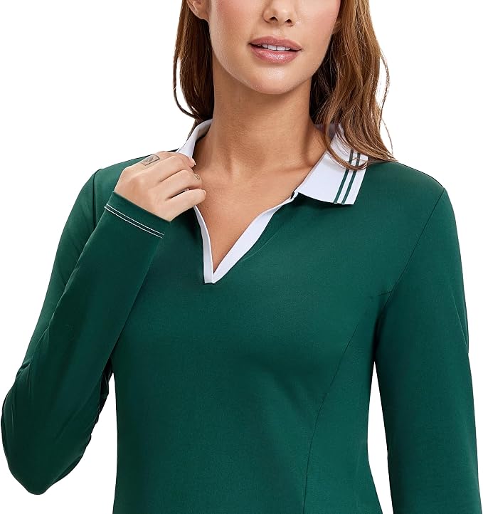 MathCat Womens Golf Shirts, Long Sleeve Polo Shirts Collared V Neck Tennis Shirts Breathable Athletic Tops