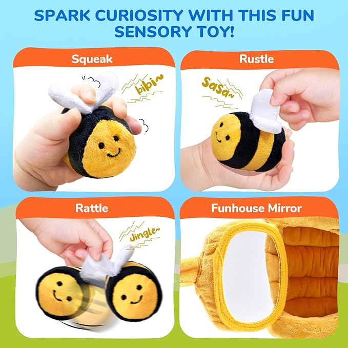 JoyCat Baby Toys 6-12 Months - Soft Baby Beehive with 5 Sensory Bees - Rattle, Crinkle Paper, Squeaker, Mirror, Busy Montessori Soft Toys for Toddlers 0-3 Years Old - Bee Plush Boy Girl Birthday Gift