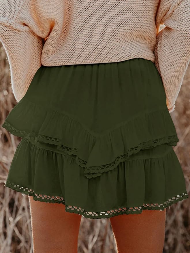 Flowy Shorts for Women Casual Boho Ruffle Tiered Skorts High Waist Mini Skirts Golf Tennis Crochet Shorts