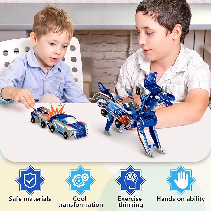 Collision Transforming Dinosaur Car Toy, 2 Magnetic Cars Transform into Dinosaur Toys for Kids Toddler Fun Deformation Robot Dino Car Christmas Birthday Gift Toys for Boys Girls(Blue Dragon)
