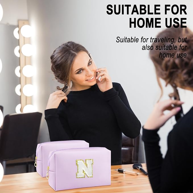 URSKYTOUS Gifts for Girls Initial Makeup Bag Personalized Cosmetic Bag with Zipper Cute Travel Toiletry Bag Waterproof PU Preppy Makeup Pouch Birthday Gift for Teen Girls Women(Purple N)