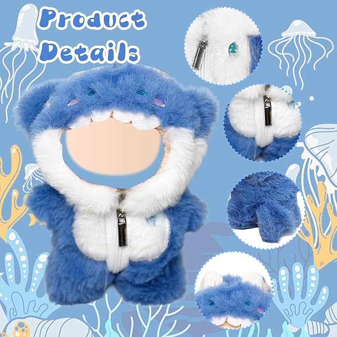 3 Pcs Handmade Clothes and Accessories for 17 cm Dolls Including 1 Shark Jumpsuit with Zipper 1 Glasses 1 Camera Pendant Premium Stylish Doll Clothes Replacement Present for Girls (NO Doll) Blue