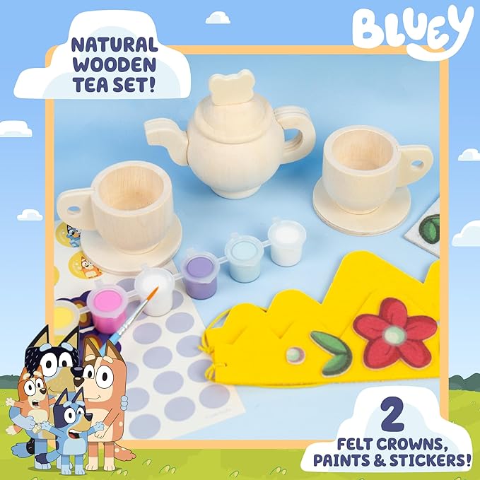 Bluey Paint & Play Tea Party, 6-Piece Wooden Tea Set, Customize with Paint & Stickers, 2 Wearable Crowns, Fun Toys for Kids, Cute Birthday Party Decorations, Pretend Play Tea Party, Toys