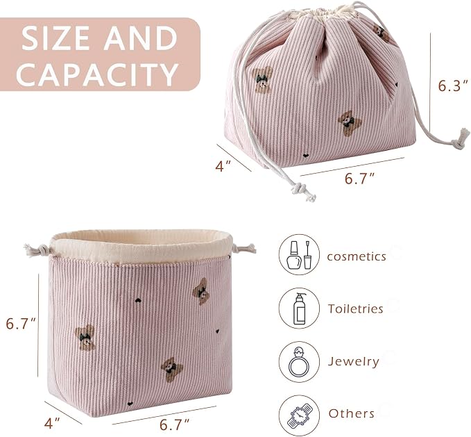 RSRSLEII Aesthetic Corduroy Drawstring Makeup Bag, Cute Coquette Drawstring Cosmetic Bag with Canvas Lining, Bear Pattern Travel Makeup Organizer Case for Women Girls(01Pink Bear)