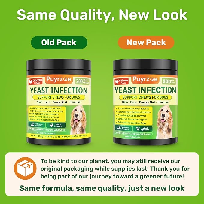 Puyrzoe Yeast Infection Treatment for Dogs, Itchy Skin, Paw Licking, Ear Odor & Allergy Relief, Natural Dog Yeast Infection Treatment, 200 Soft Dog Yeast Treatment Chews with Probiotic, Chicken Flavor