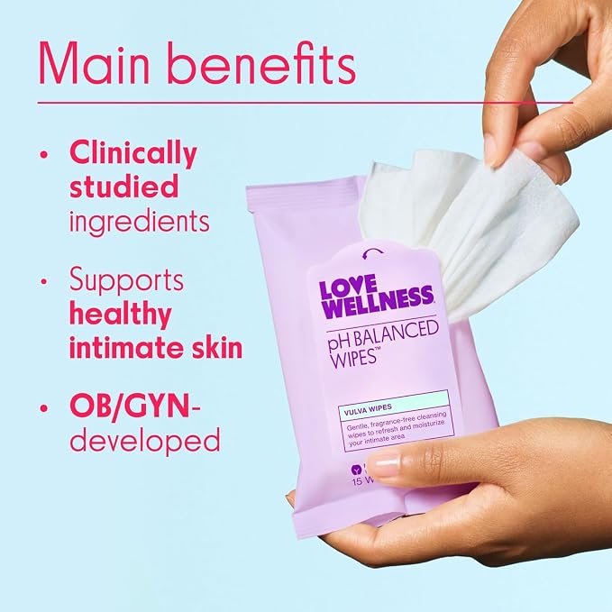 Love Wellness pH Balanced Wipes for Women | Feminine Hygiene for Cleansing with Aloe Vera | Fragrance-Free Intimate Health | Moisturizing, Soothing & Calming for Sensitive Skin | Travel Size | 3-Pack