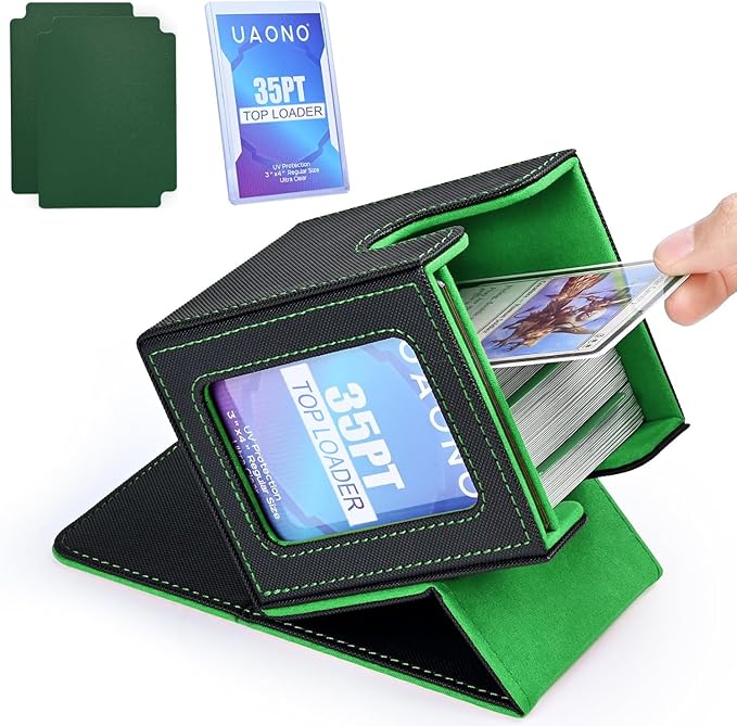 UAONO Card Deck Box with MTG Commander Display, Deck Case Holds 100+ Double-Sleeved Cards, Trading Card Storage Box Fits TCG/PTCG/Sports Card with 2 Dividers, 1 Top Loaders (Black, Dark Green)