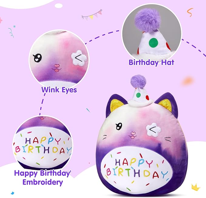 Athoinsu 12" Happy Birthday Cat Plush Pillow Cute Rainbow Stuffed Animal Soft Kawaii Birthday Plushie Star Wink Funny Pillows Home Room Decoration Gifts for Toddlers Kids Girls