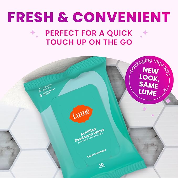 Lume Acidified Deodorant Wipes - 24 Hour Odor Control - Aluminum Free, Baking Soda Free, Skin Loving - Flushable - 15 Count (Cool Cucumber)
