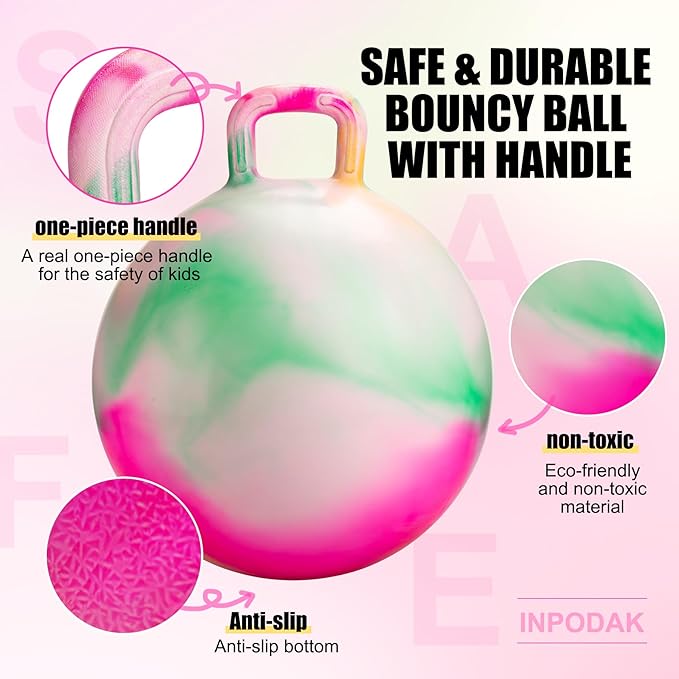 Hopper Ball 22 Inch Bouncy Ball with Handle for Kids, Hippity Hop Jumping Bounce Hopping Toy for Boys Girls Ages 7-12 with Pump and Gift Box Great Gift for Birthday Holiday (Pink)