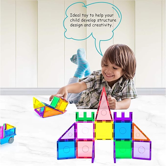 66 pc Magnetic Tiles with Multicolored Car Set, Building Blocks Toys, STEM Educational Learning Magnet Toy Preschool Montessori Boys & Girls Smart Kit Games Gifts for Age 3+ Kids Toddlers