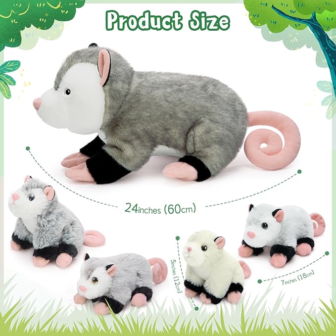 Tezituor 5Pcs Opossum Stuffed Animals Set, 24 Inch Large Mommy Stuffed Opossum Plush with 4 Cute Babies Toy, Realistic Possum Plush Pillow for Girls Boys