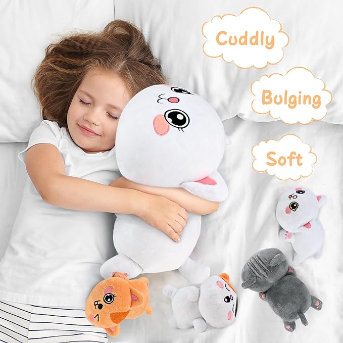 KMUYSL Cat Stuffed Animals Toys for Ages 3 4 5 6 7 8+ Years Old Kids - Mommy Cat with 4 Baby Kitty in Her Tummy, Idea Xmas Birthday Gifts for Baby, Toddler, Girls, Boys