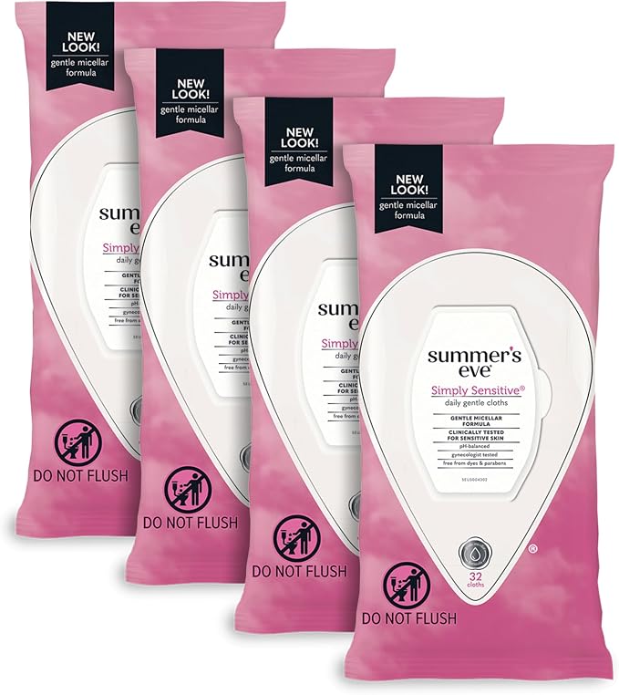 Summer's Eve Simply Sensitive Daily Gentle Feminine Wipes, Removes Odor, pH balanced, 32 count, 4 Pack & vH essentials, Ph Balanced Daily Feminine Wash, Tea Tree Oil & Prebiotic, 6, Fl Oz, (Pack Of 1)