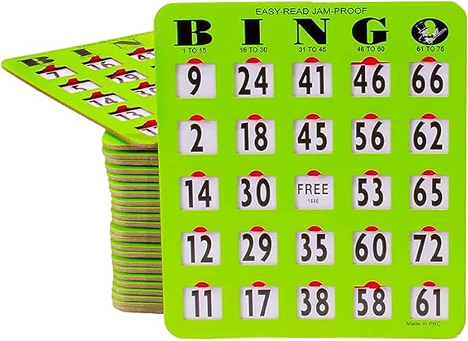 MR CHIPS Jam-Proof Easy-Read Large Print Fingertip Bingo Cards with Sliding Windows 100 Pack in Green Style