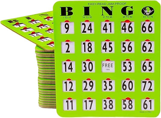 MR CHIPS Jam-Proof Easy-Read Large Print Fingertip Bingo Cards with Sliding Windows 100 Pack in Green Style