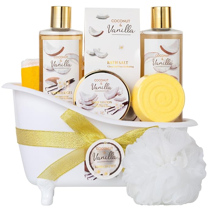 Spa Gifts for Women & Men Coconut Vanilla Bath & Body Self Care Gift Basket | Perfect Gifts Mom, Birthday Gift, All Occasion Holiday Present Spa Gift Basket for Women & Men Pamper Kit- 8-Piece Bath Kit